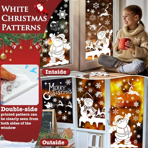 Vista 7 de 236 adhesivos de Navidad para ventana, 9 hojas de calcomanías de doble cara con copos de nieve, calcomanías de decoración navideña de muñeco