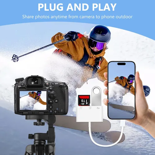 Vista 4 de Lector de tarjetas SD USB C para iPhone, lector de tarjetas de memoria 3 en 1, ranuras dobles con adaptador de cámara USB, adaptador de cámara
