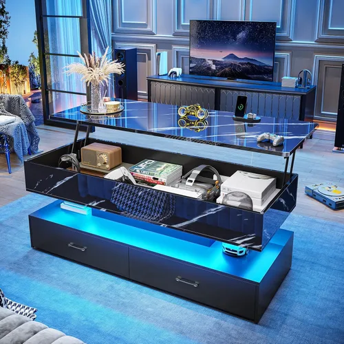 Vista 12 de SEDETA Mesa de centro elevable de 40 pulgadas, mesas de centro con almacenamiento para sala de estar, mesa de centro pequeña con 2 cajones y luz LED
