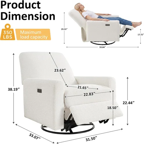 Vista 2 de VANOMi Silla reclinable mecedora eléctrica, deslizador giratorio de 270° Blanco
