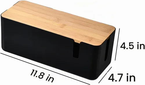 Vista 3 de Changsuo Caja de organización de cables con tapa de bambú, pequeña caja organizadora de cables para cable de extensión, protector de sobretensiones