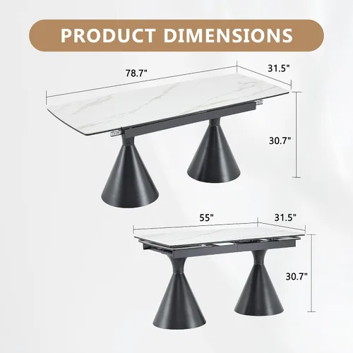 Vista 2 de Mesa de comedor extensible moderna para 4-8 personas, mesa de cocina de piedra sinterizada expandible con base de metal negro, ahorro de espacio