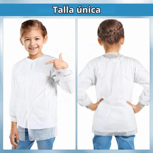 Vista 4 de 10 abrigos de laboratorio desechables para niños, abrigos de ciencia blancos a granel para niños con puños de punto elástico y cierre frontal a