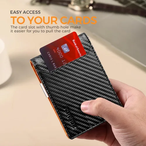 Vista 8 de RUNBOX - Carteras delgadas para hombre, cartera de piel con pinza para el dinero, cartera de bolsillo frontal con bloqueo RFID, tarjetero