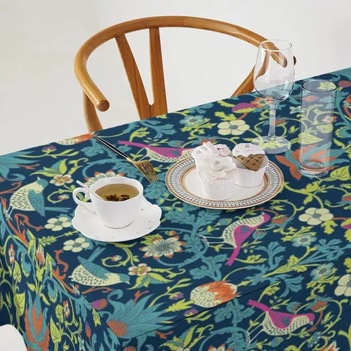 Vista 302 de Mantel Floral Retro de Pájaros, Diseño Original Bohemio William Morris Estampado Cubierta de Mesa para Hogar Picnic Fiesta Comedor Cocina William