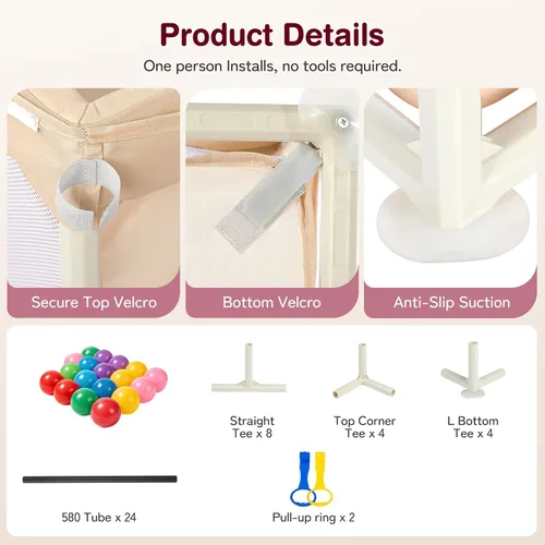 Vista 8 de Kidirect Corralito para bebés 47x47, beige, patio de juegos integrado con Beige-47" X 47