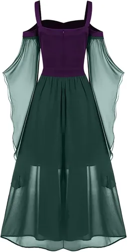 Vista 3 de JEATHA Disfraz medieval renacentista para mujer, vestido largo de gasa acampanado para Halloween, disfraz de princesa de bruja