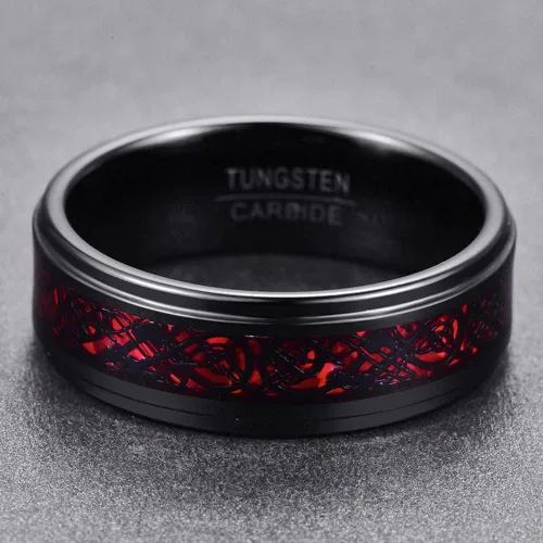Vista 5 de Corato Anillos de tungsteno para hombre, 0.315in, dragón celta negro y ópalo rojo, dos tonos, carburo de tungsteno, borde escalonado, ajuste cómodo