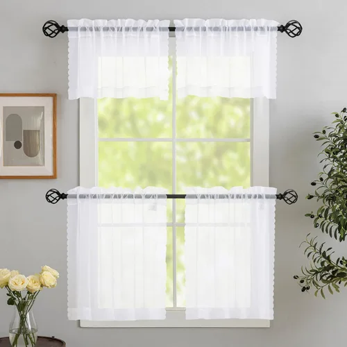Vista 2 de MYSTIC-HOME Juego de cortinas de niveles transparentes blancas para cocina de 24 pulgadas de largo, tratamiento de cortinas para ventanas pequeñas