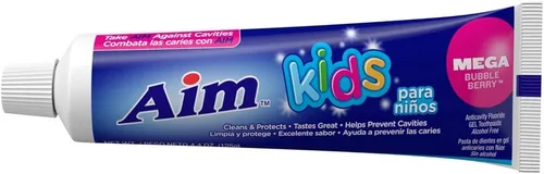 Vista 2 de Aim Pasta de dientes con flúor de gel para niños, Mega Bubble Berry, 4.4 onzas (paquete de 2)