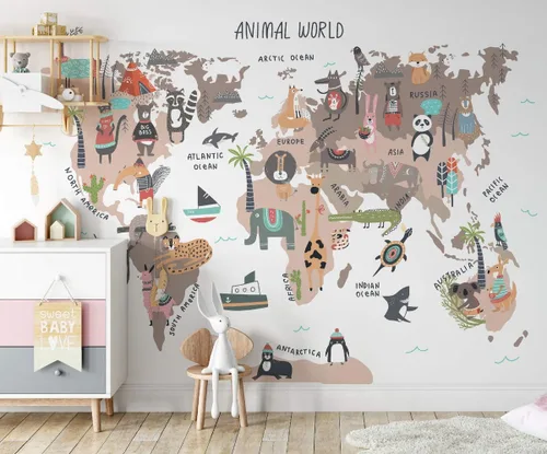 Vista 3 de Murwall Kids Wallpaper World Map Wall Mural Map Wallpaper Cartoon Animals Wall Mural Kids Room Nursery