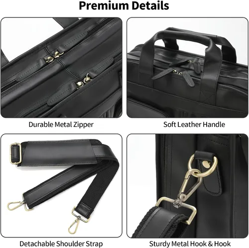 Vista 4 de Jack&Chris Maletín de cuero para hombres,Bolso de mensajero retro de viaje de negocios,Bolsa de trabajo grande para portátil de 15.6