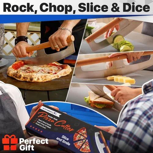 Vista 6 de KitchenStar Cortador de pizza de 16 pulgadas con hoja balancín - Cuchillo de corte de acero inoxidable ultra afilado, elegante mango de madera