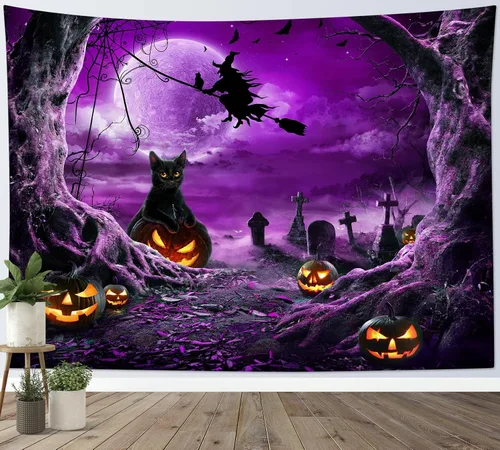 Vista 19 de LB Tapiz espeluznante de cementerio de Halloween, lápida aterradora con árboles muertos, tapiz de bosque para colgar en la pared, tapiz de fondo