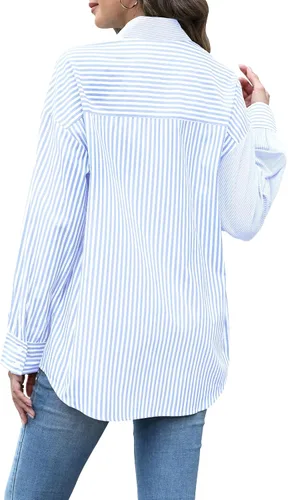 Vista 5 de Camisas a rayas con botones para mujer, de manga larga, de gran tamaño, estilo novio, blusas con cuello sin bolsillos