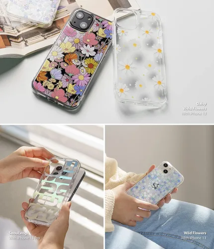 Vista 6 de Ringke Fusion Design - Funda compatible con iPhone 13 Pro Max, parte trasera dura transparente con panel de diseño floral para niñas y mujeres, a