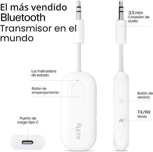 Vista 3 de Twelve South AirFly Pro Adaptador Transmisor/Receptor Bluetooth Inalámbrico para 2 Auriculares, Compartir Audio, Compatible con Jack Auxiliar