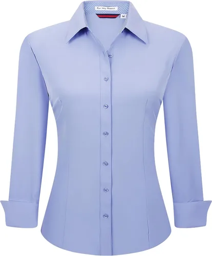 Vista 20 de Alex Vando Camisas de vestir para mujer, sin arrugas, ajuste regular, manga larga, elástica, camisa de trabajo