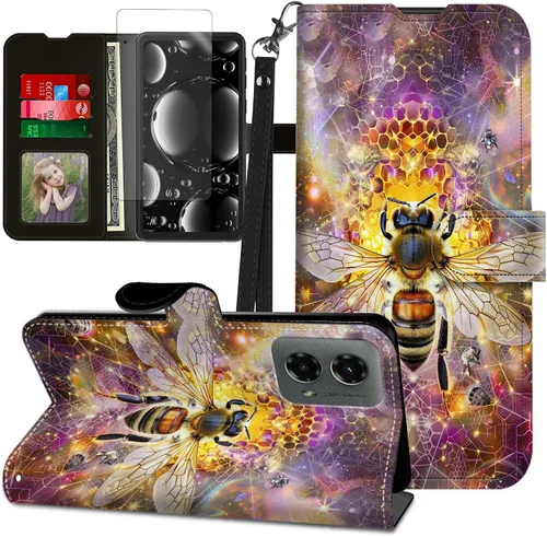 Vista 227 de Funda para Motorola Edge 2022 con protector de pantalla, soporte y tarjetero y correa para la muñeca, funda magnética para Moto Edge 2022 5G UW Lobo