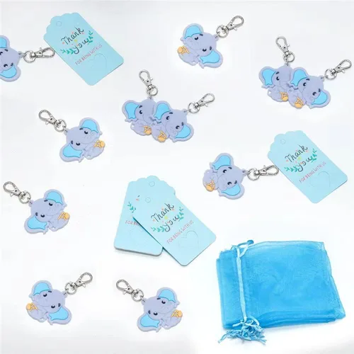 Vista 6 de Juego de 50 llaveros de elefante para baby shower, recuerdos de fiesta temática de elefante, suministros de fiesta de cumpleaños para niños y niñas