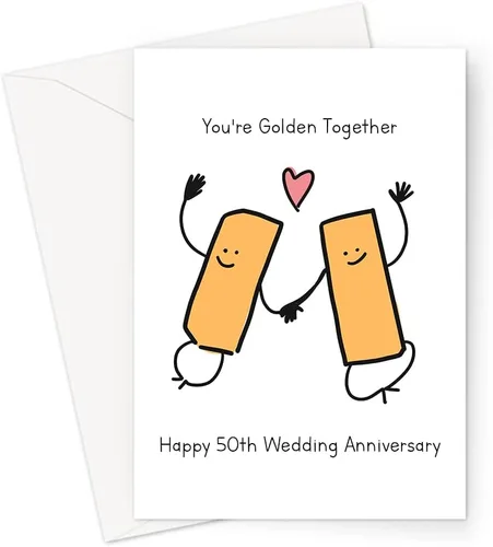 Vista 3 de Divertidas tarjetas de 50 aniversario Tarjetas de juego de palabras doradas ilustradas peculiares de aniversario de boda para marido o esposa