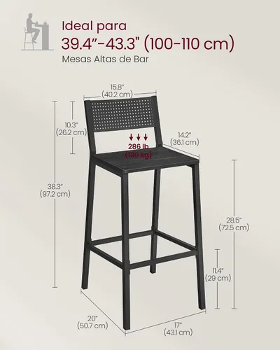 Vista 3 de VASAGLE Juego de 2 taburetes de bar, sillas de bar para cocina, comedor, industrial, gris carbón y negro ULBC070B22