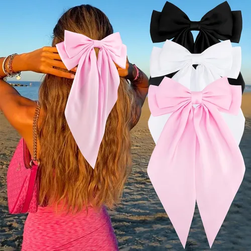 Vista 21 de Velscrun Lazos para el cabello para mujeres y niñas, 3 unidades, lazo blanco, lazo negro, azul marino, lazos grandes para el cabello con clip, lazos