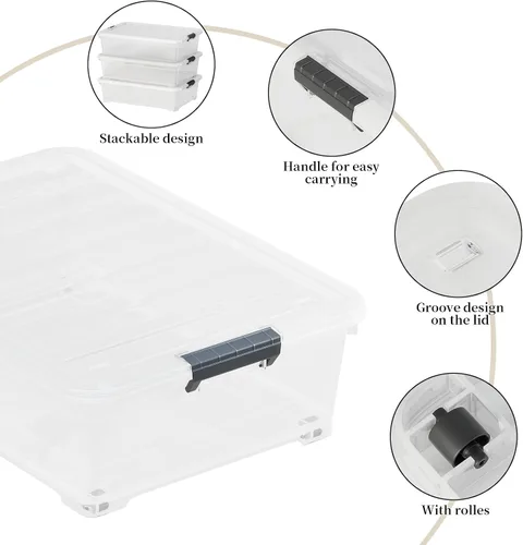 Vista 3 de Paquete de 3 contenedores de almacenamiento de plástico transparente debajo de la cama con tapas y ruedas, contenedores de almacenamiento de zapatos