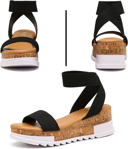 Vista 6 de katliu Sandalias de plataforma de cuña para mujer, con correa elástica al tobillo, sandalias de plataforma de corcho