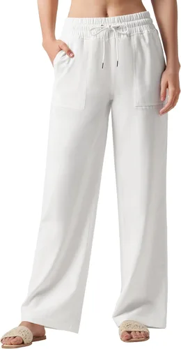Vista 8 de Willit Pantalones de lino para mujer, pantalones palazzo de pierna ancha Khaki - Actualización
