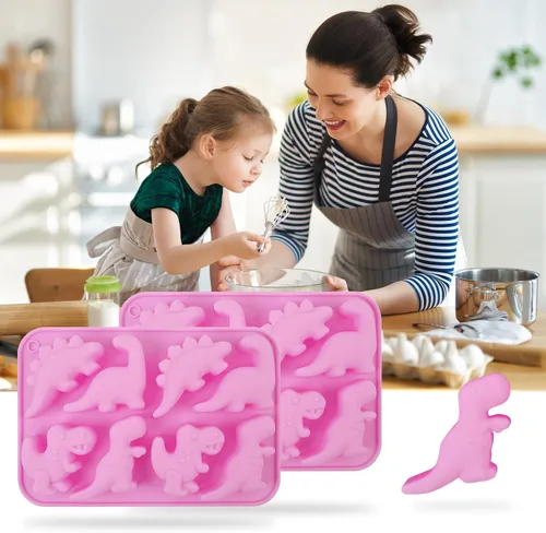 Vista 7 de Paquete de 2 moldes de silicona de dinosaurio, moldes de chocolate de dinosaurio, molde de gelatina de 8 cavidades para dulces, gomitas, postres