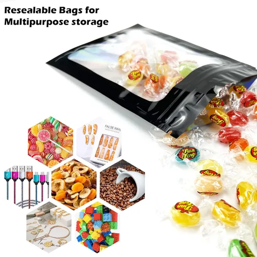 Vista 6 de 300 bolsas holográficas de mylar, 3 tamaños, bolsas a prueba de olores con ventana transparente, bolsas de papel de aluminio resellables