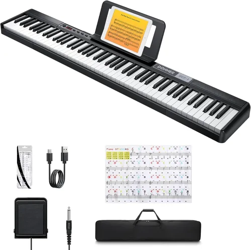 Vista 9 de Donner Teclado de piano de 88 teclas, piano digital para principiantes, teclas sensibles a la velocidad, piano eléctrico portátil con soporte, pedal