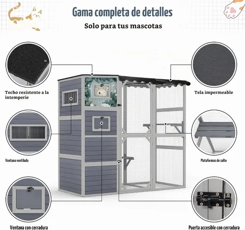 Vista 6 de COZIWOW Catio grande de madera para gatos, recinto al aire libre con techo resistente a la intemperie, 2 salas de descanso, 2 plataformas, corralito