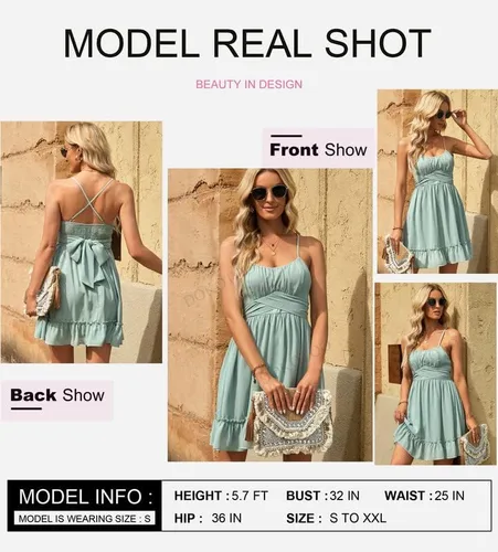 Vista 2 de Dokotoo Vestidos de tirantes delgados para mujer, cuello redondo, lazo, sin mangas, cintura elástica, dobladillo con volantes, acampanado, casual
