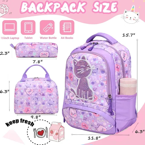 Vista 3 de Mochila de escuela primaria para niñas con lonchera, mochila de regreso a clases