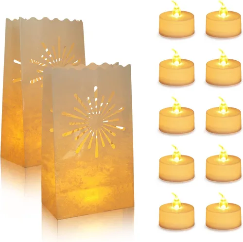 Vista 8 de AceList 30 bolsas luminarias con 30 velas sin llama, velas de té para bodas, cumpleaños, fiestas, decoraciones de Navidad (girasol)