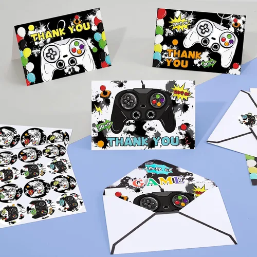 Vista 4 de WERNNSAI Tarjetas de agradecimiento de videojuegos – 24 piezas de decoración de cumpleaños de videojuegos, tarjetas de agradecimiento con sobres