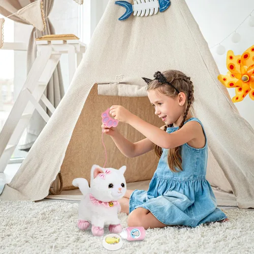 Vista 6 de Jimate Juguete electrónico interactivo de peluche robot que camina y ladra, gato de peluche con control remoto para niñas (gato blanco)