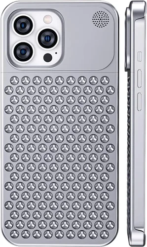 Vista 9 de Funda para teléfono compatible con iPhone 15 Pro Max de aleación de aluminio disipación de calor, transpirable, refrescante, hueca, sin bordes, Gris