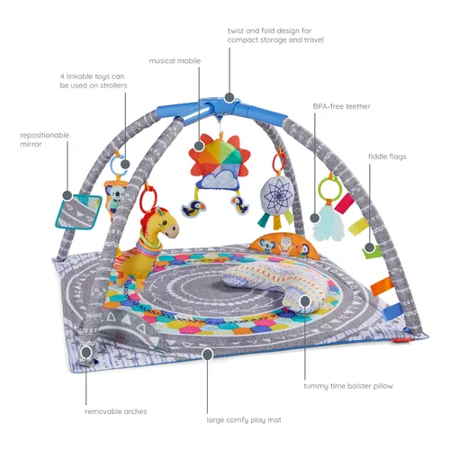 Vista 2 de Infantino Gimnasio móvil musical 4 en 1 Twist & Fold, incluye juguetes enlazables, espejo reposicionable, mordedor de plumas, actividades sobre