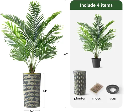 Vista 3 de Árbol artificial en macetero con patrón geométrico moderno, palmera tropical areca artificial de seda para decoración del hogar en interiores