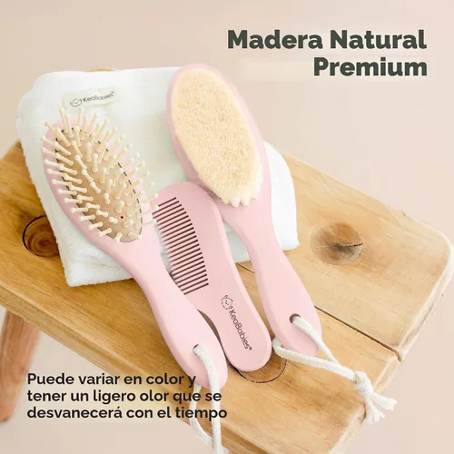 Vista 7 de Juego de cepillo y peine para cabello de bebé para recién nacidos - Juego de cepillos de madera para cabello de bebé con cerdas suaves de cabra