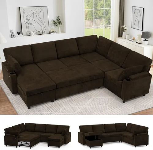 Vista 13 de Sofá modular de felpilla de 85 pulgadas con cama extraíble y Marrón