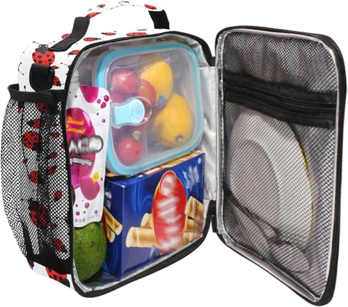 Vista 4 de MNSRUU Bolsas de almuerzo para niños y niñas, bonita mariquita roja, reutilizable, aislada, kit de bolsa térmica para comidas, organizador de bolsa