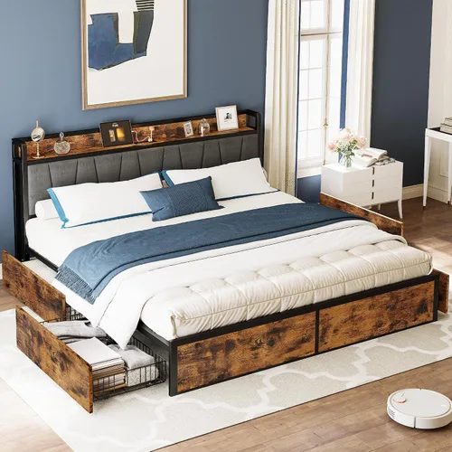 Vista 14 de LIKIMIO - Armazón de cama tamaño King con 4 cajones de almacenamiento, cama de plataforma con cabecera tapizada, resistente y estable, sin ruido,