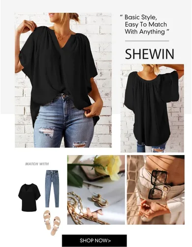 Vista 5 de SHEWIN Blusa casual de gasa con cuello en V para mujer, holgada, manga 34, plisada, holgada