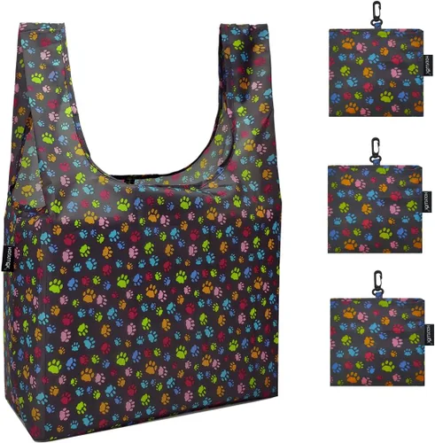 Vista 27 de HOLYLUCK Bolsas de comestibles reutilizables, bolsa de compras plegable resistente (estándar, 3 huellas de patas de perro azules)