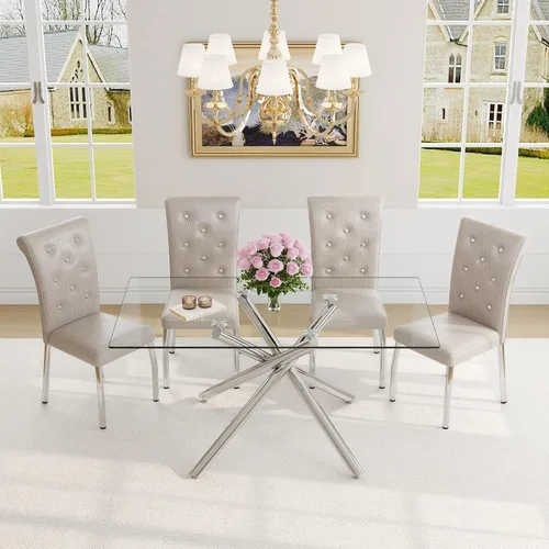 Vista 29 de Juego de mesa de comedor moderna para mesa de comedor negra de 4,63 pulgadas, juego de 4 con patas de metal dorado, mesa de cocina rectangular