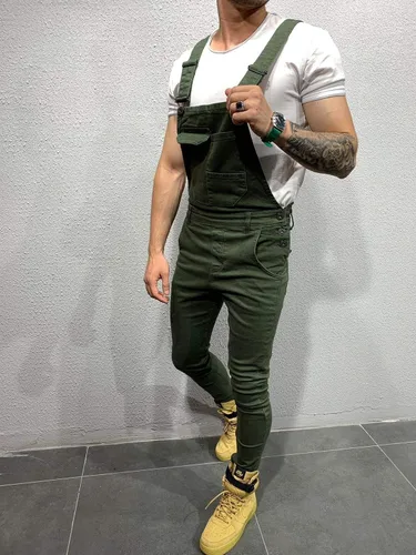 Vista 3 de LONGBIDA - Jardinera de mezclilla para hombre, ajuste entallado, moderno, con bolsillos